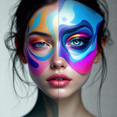 The primary subject of the image is a woman with two different faces painted on her face. One face is painted with a colorful design, while the other face is painted with a more subdued color palette. The setting is a close-up of the woman's face, and the visual style appears to be a digital art or illustration. The colors and mood of the image are vibrant and artistic, with the woman's face serving as a canvas for the two distinctive designs.